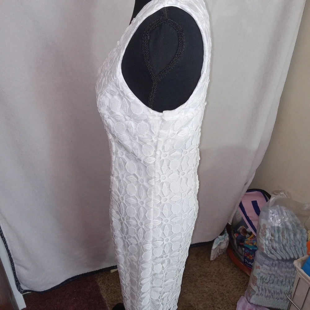 Bisou Bisou Ivory Lace Detail Midi Dress Size 6 Beautiful, Corset Back Split Hem